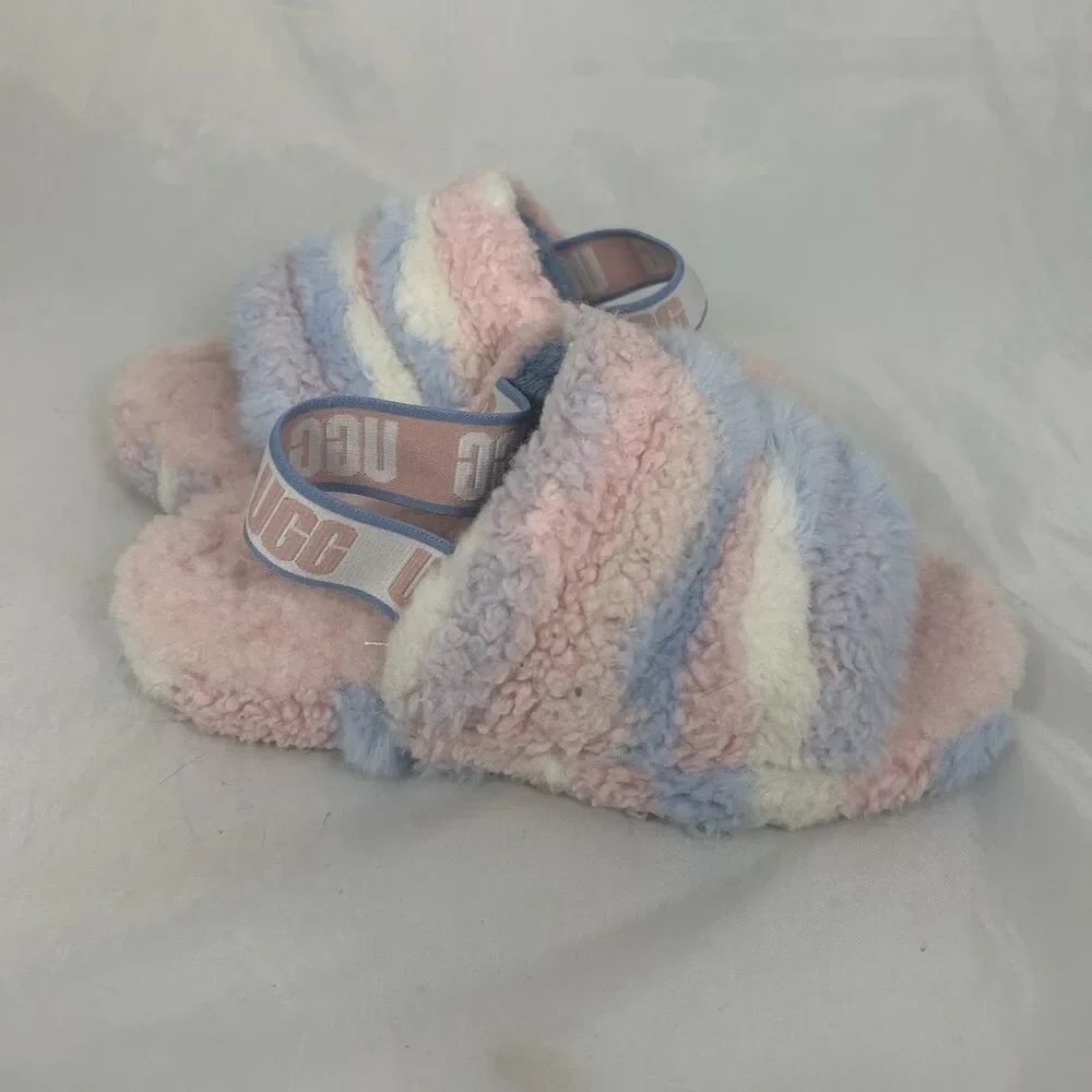 UGG Fluff Yeah Slide Kids Girls Size 2 Cotton Candy Shearling Slippers Shoes